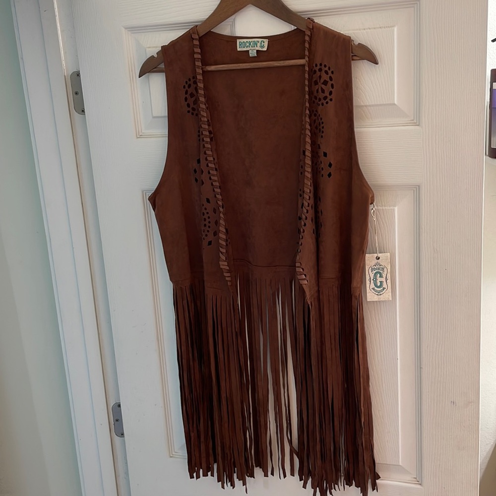 NWT Rockin C Leather fringe vest (faux) size XL